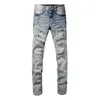 Designer-Jeans für Herren von Amirs, lila Jeans, High Street Hole Star Patch, Hose für Herren und Damen, Amirs mit Stern-Stickerei, Stretch-Slim-Fit-Hose, US-Größe