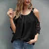 Women's Blouses Fashion Woman 2024 Summer Lace Round Neck Loose Sexy Shoulder Half Sleeve Hollow Out 5XL Shirt Blouse Lady Tops