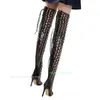 Sandalet kadın çekici perçin içi boş stiletto yüksek topuk gözetleme diz üstü arka fermuarlı siyah çizmeler