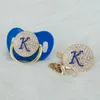 MIYOCAR gouden initialen blauw 3D letter k bling fopspeen en fopspeenclip BPA-vrij dummy ideaal cadeau babyshower 240102