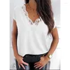 Women's Blouses Elegant Pullover Blouse Summer Casual Loose Fitting Short Sleeved Deep V-neck Lace Black And White Shirt Top Femme Blusa