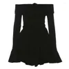 Casual Dresses Sexy Mini Women Bodycon Slash Neck Dress Female Elegant Flare Sleeve Black Ladies Floral Ruffle Pleated Vestidos