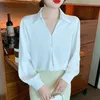 Blusas femininas moda miçangas blusa de cetim branco 2024 manga longa camisa simples feminina gola virada para baixo roupas senhora do escritório topos blusas