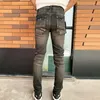 Men's Jeans Streetwear Fashion Men Retro Black Blue Stretch Skinny Fit Ripped Leather Patched Designer Hip Hop Brand Pants