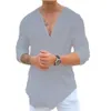 Nya män fashionabla skjorta v-ringning avslappnad fast färg t-shirt herrar bomullslinne skjorta långärmad