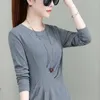 Camisetas De Mujer Otoño E Invierno Jersey Cuello Redondo Patchwork Pliegues Asimétricos Color Sólido Moda Casual Elegante Manga Larga Tops