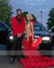 Prom Glitter Diamonds Red Dress for Black Girl Shiny Crystal Rhinestones Beaded Feathers Ruffles Mermaid Evening Party Gown