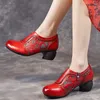 Dress Shoes Johnature 2024 Vintage Handmade Genuine Leather Pumps Ethnic Style Flower Mid Heel Round Toe Versatile Women's