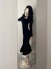 Vestidos casuais francês laço preto quadrado pescoço envoltório hip fishtail vestido 2024 primavera coreano mulheres vintage magro festa de noite veludo longo