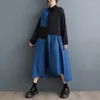 Lässige Kleider 2024 Ankunft Japanischer Korea-Stil Patchwork Dunkelschwarz Lose Herbstblusenkleid Mode Frauen Frühling Midi