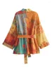 Blouses Femmes 2024 Femmes Été Imprimé Kimono Mode Lâche Col En V À Manches Longues Chic Femme Ceinture Décorative Hauts Mujer