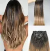 9A-kwaliteit Remy Clip-in Omber Hair Extensions Balayage Donkerbruin vervagend naar asblonde kleur Highlights Naai-in clip-on extensions 125631211