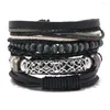 Charm-Armbänder Herren, handgefertigt, gewebtes Holzperlen-Armband, modisches Legierungszubehör, mehrschichtiges Leder-Armreif-Set, Blumenrohr, DIY