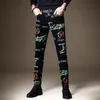 Light Luxury Men's Slim-Fit Stretch Jeansletters Graffiti Decors Denim Pants Hip Hop Street Fashion Black Jeans Pants; 240102