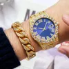 Relógios de pulso relógio de quartzo brilhante festa luxo strass pulseira masculina conjunto com pulseira de metal preciso mostrador redondo negócios para masculino