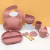 Ensemble de vaisselle d'alimentation en Silicone pour bébé, bol à ventouse antidérapant, assiette à manger avec couvercle, bavoirs cuillère fourchette tasse à Sippy plats 6/7 pièces 231229