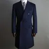 Costumes pour hommes Blazer bleu marine longue veste d'hiver une pièce à double boutonnage revers manteau formel tenues d'affaires vêtements masculins 2024