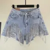 Women's Designer Heavy Rhinestone Fringed Hole Jeans Shorts Ldies High Waist Summer Fashion Wide Leg Denim Shorts Streetware