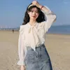 Women's Blouses Sweet V-Neck Folds Ruffles Lace Up Bow Shirts Clothing 2024 Spring Loose All-match Tops Butterfly Sleeve