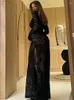 Casual jurken tossy zwarte uitgeholde kanten maxi-jurk voor dames zijsplit doorzichtige patchwork sexy hoge taille nachtclub lang