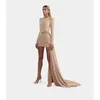 Party Dresses Shiny Elastic Khaki Sheath Prom With Side Overlay Rhinestone Crystal Full Sleeves Women To High Collar