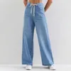 Jean taille haute pour femme, pantalon en Denim, jambes larges, cordon de serrage réglable, élastique, décontracté, Baggy bleu clair