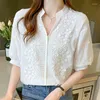 Camicette da donna 2024 Estate Elegante Manica Corta Camicia Bianca Vintage Tops Crochet Hollow Per Le Donne Moda Cotone Abbigliamento Femminile