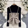 Women's Blouses Two Pieces Of Knitted Dresses Suits Women O-neck Long Sleeve Spaghetti Strap Plaid Lapel Single Skinny Autumn Camis Dropship
