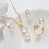 Necklace Earrings Set 7mm Freshwater Pearl Jewelry For Women Flowers Sea Shell Pendant Stud Party Charm Gift Natural Ring