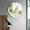 Wall Clocks Green Leaves Branches Simple Print Clock Art Silent Non Ticking Round Watch For Home Decortaion Gift