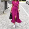 Casual Dresses Deep V Neck Summer Dress Ladies Semester Polka Dot Printed Tie Midjan Kort ärm Boho Slit Long Female Robe