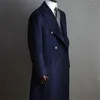 Costumes pour hommes Blazer bleu marine longue veste d'hiver une pièce à double boutonnage revers manteau formel tenues d'affaires vêtements masculins 2024