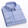 Camisas casuais masculinas Oxford camisa de algodão com listras xadrez bolsos de manga comprida estilo regular botão até tamanho S-7XL