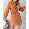 Casual Dresses Corduroy Shirt Dress Lace Up Single Breasted Trend Autumn Shirts Women Long Sleeve Solid Color Loose Robe