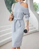 Casual Dresses Women Dress Fashion Hollow Out Long Sleeve High Waist Hip Wrap Grey Spring And Autumn Lace Cross