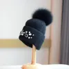 Koreansk kaninhår stickad hatt kvinnor diamantröskad mössa hatt vinter utomhus pompoms hatt mode äkta räv pälsboll varm mössa 240102