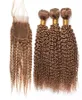 Honey Blonde Kinky Curly Human Hair Weave Bunds med stängning Pure 27 Kinky Curly Brasilian Virgin Hair 3 Bunds med 44 spets 4593150