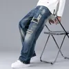 Jeans da uomo 2024 alla moda con fori larghi e gamba dritta toppa retrò pantaloni lunghi casual larghi S-2XL