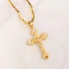 18 k Solid Fine Yellow Gold Cross Pendant Filled CZ Charms Lines Necklace Christian Jewelry Factory God gift2142