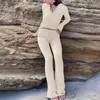 Women's Two Piece Pants 1Set Spring Autumn Stretchy Matching Suit Outfit Solid Color Knitted Long Sleeve Zipper Hooded Sweater Croptop