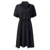 Casual Dresses Solid Button Down Dress for Women Summer Short Sleeve Stand Collar Shirt Temperament Elastic Midje Slim Kvinna