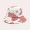 Berets Fashion Winter Faux Fur Bucket Hats For Women Girl Cow Print Plush Velvet Warm Panama Black White Fisherman Bob