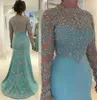 Bleu ciel clair grande taille sirène mère de robes de mariée manches longues perles paillettes dentelle appliques robe formelle robes de soirée de f3699329