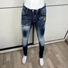 Erkekler Kot Hight Street Moda Erkekler Yüksek Kaliteli Retro Elastik İnce Fit Yırtık Nakış Tasarımcısı Denim Marka Pantolon Hombre