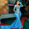 Abiti da ballo Aso Ebi blu cielo con perline di pizzo a sirena Abiti da cerimonia da sera per occasioni speciali Abiti da festa di compleanno Abito da secondo ricevimento Ragazza nera NL247