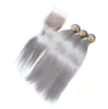 Brezilya gümüş gri insan saç örgüsü üst kapanış düz gri renkli bakire saç demetleri 4x4 dantel ön 7577363 ile 3 adet fırsatlar