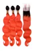 Faisceaux de cheveux humains 2 tons ombrés noir à orange avec fermeture 1BOrange Ombre Body Wave Tissages de cheveux indiens avec fermeture en dentelle 4x44096861