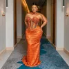 Aso Ebi Ballkleider in Übergröße, orangefarbene Meerjungfrau, transparenter Ausschnitt, lange Ärmel, perlenbesetzte Tüllspitze, Abendkleid für besondere Anlässe, Geburtstagsparty-Kleider NL220