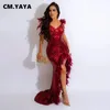 Casual Dresses CM. Women Sequined Spaghetti Strap Feather Hem High Side Slit Mermaid Trumpet Bodycon Midi Evening Sexy Party Maxi