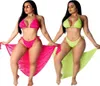 Fashion Sexy Beach 3 Piece Set Summer Bikini Crop Top och Side Pants and Long Cover Scarf Suit243J6790661